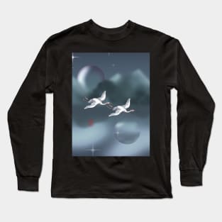 Two Japanese cranes flying over a dark lake Long Sleeve T-Shirt